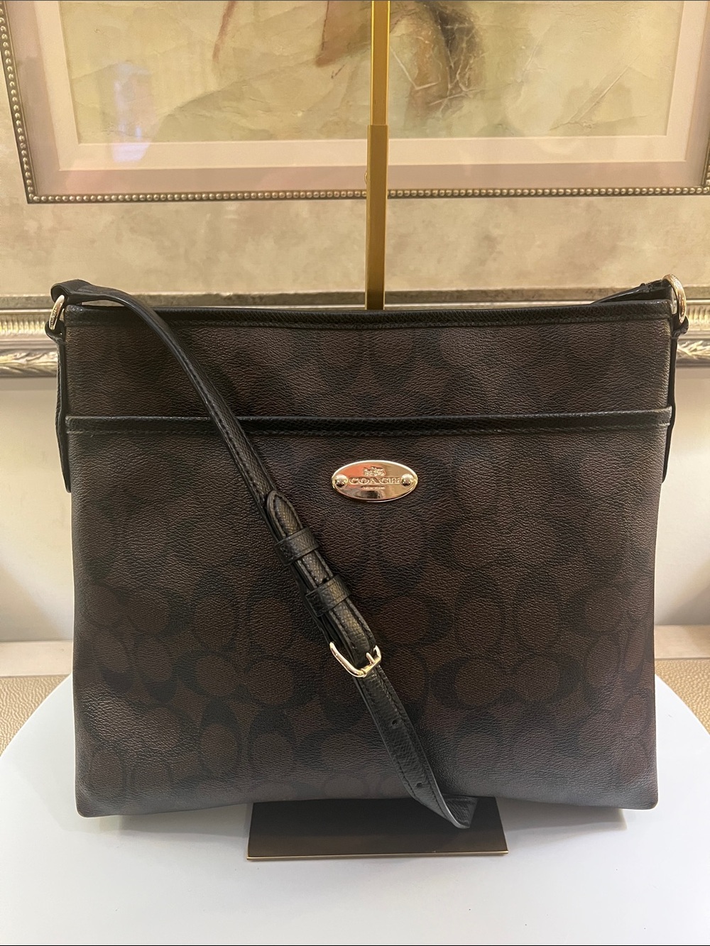 COACH Peyton Signature Black/Brown Coated Canvas Leather Trim Crossbody Bag
